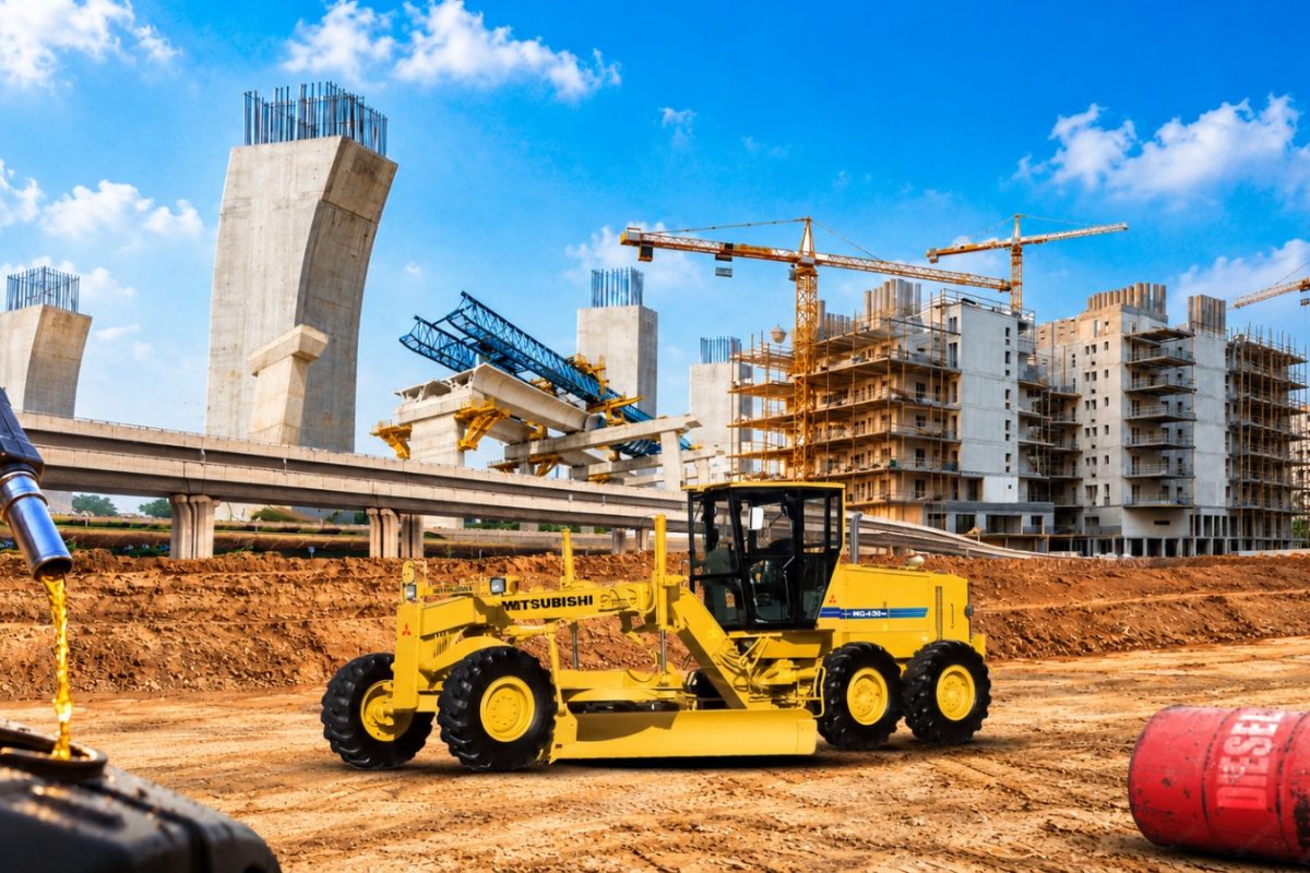 Ilustrasi motor grader kuning di lokasi konstruksi dengan bahan bakar di bagian depan gambar.