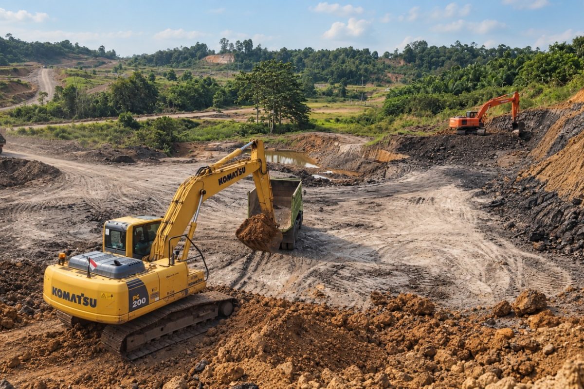 Excavator memuat tanah ke dump truck di area pekerjaan tanah