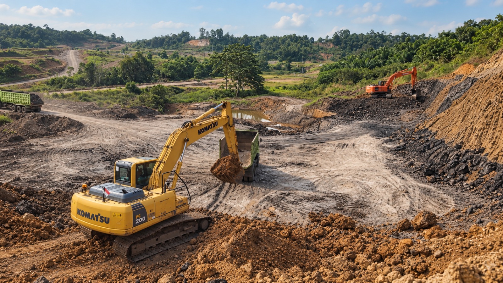 Excavator memuat tanah ke dump truck di area pekerjaan tanah